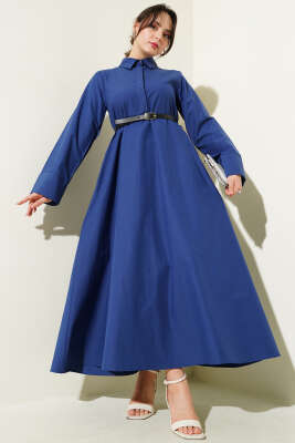 Gizli Yarım Düğmeli Kemerli Poplin Elbise Lacivert 