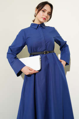 Gizli Yarım Düğmeli Kemerli Poplin Elbise Lacivert - Tesettür Elbise