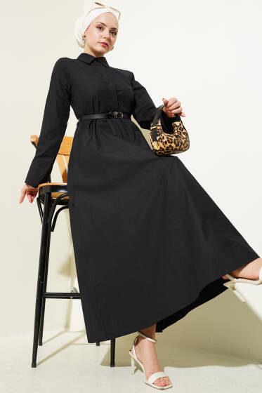 Gizli Yarım Düğmeli Kemerli Poplin Elbise Siyah - Elbise