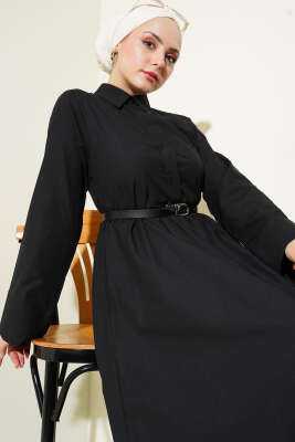 Gizli Yarım Düğmeli Kemerli Poplin Elbise Siyah - Tesettür Elbise
