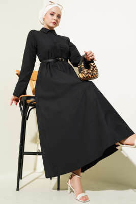 Gizli Yarım Düğmeli Kemerli Poplin Elbise Siyah 