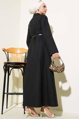 Gizli Yarım Düğmeli Kemerli Poplin Elbise Siyah - Tesettür Elbise