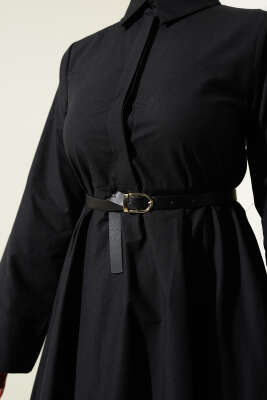 Gizli Yarım Düğmeli Kemerli Poplin Elbise Siyah - Tesettür Elbise