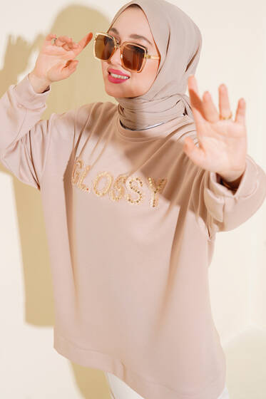 Glossy İşlemeli Pul Detaylı Tunik Bej - Tunik