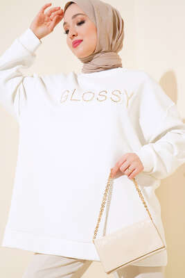 Glossy İşlemeli Pul Detaylı Tunik Ekru - Tunik