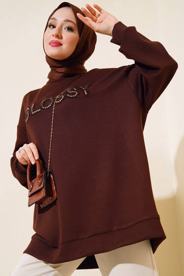 Glossy İşlemeli Pul Detaylı Tunik Kahve - Tunik