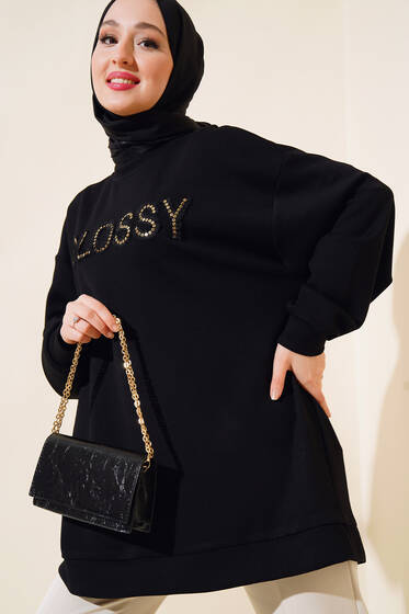 Glossy İşlemeli Pul Detaylı Tunik Siyah - Tunik