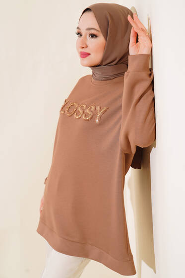 Glossy İşlemeli Pul Detaylı Tunik Vizon - Tunik