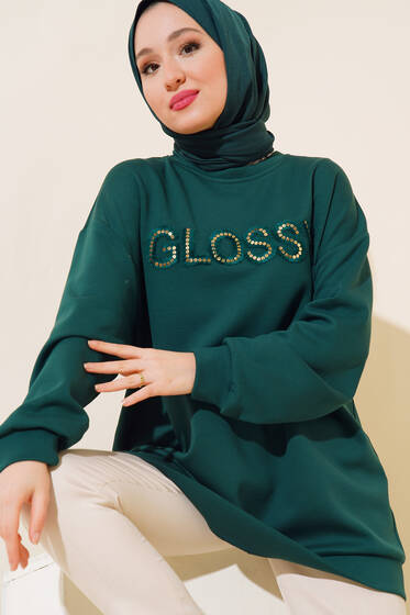 Glossy İşlemeli Pul Detaylı Tunik Zümrüt Yeşili - Tunik