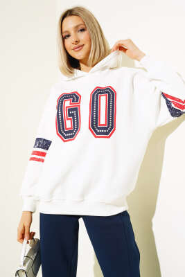 Go Baskılı Üç İplik Sweatshirt Ekru - Kadın Giyim Modelleri