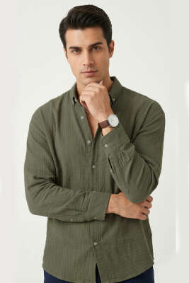 Gobis Çizgili Erkek Gömlek Haki - Erkek Gömlek