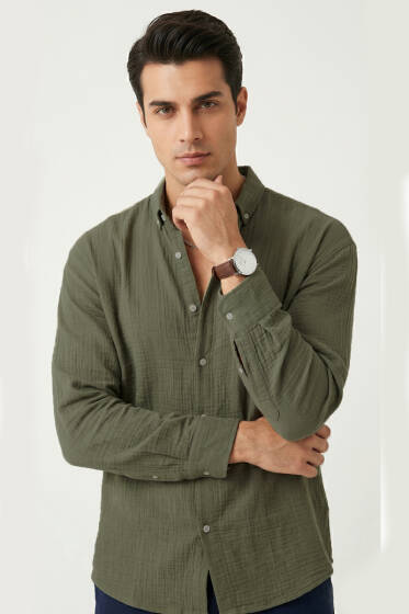 Gobis Çizgili Erkek Gömlek Haki - Erkek Gömlek