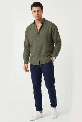 Gobis Çizgili Erkek Gömlek Haki - Erkek Gömlek