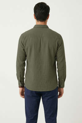 Gobis Çizgili Erkek Gömlek Haki - Erkek Gömlek