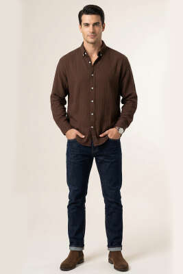 Gobis Çizgili Erkek Gömlek Kahve - Erkek Gömlek