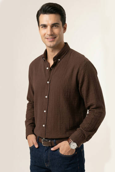 Gobis Çizgili Erkek Gömlek Kahve - Erkek Gömlek