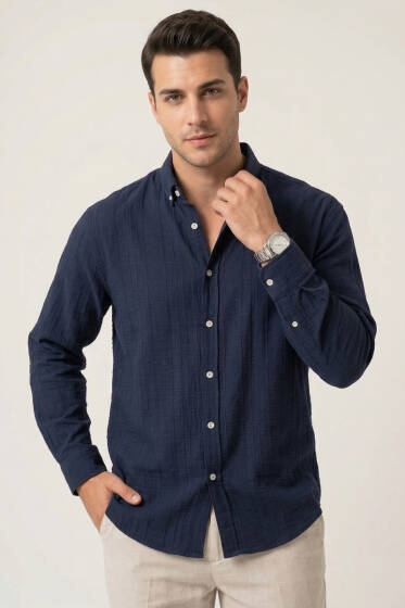 Gobis Çizgili Erkek Gömlek Lacivert - Erkek Gömlek