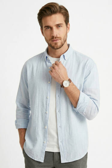 Gobis Çizgili Erkek Gömlek Mavi - Erkek Gömlek