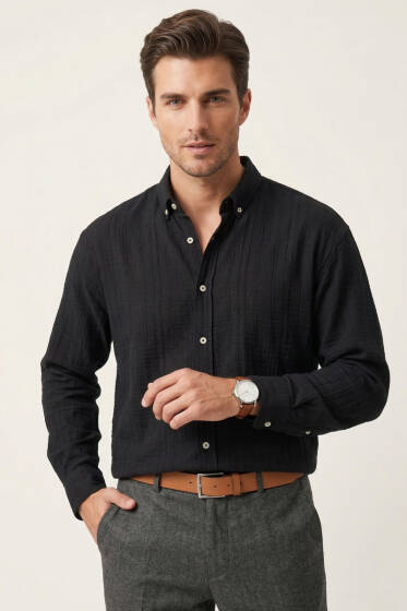 Gobis Çizgili Erkek Gömlek Siyah - Erkek Gömlek