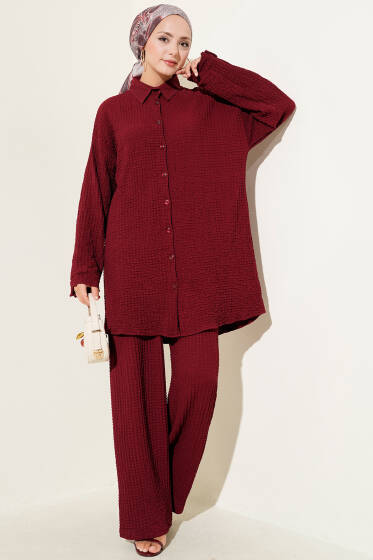 Gofre Desenli İkili Takım Bordo - İkili Takım