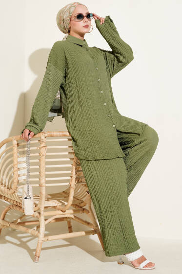 Gofre Desenli İkili Takım Haki - İkili Takım