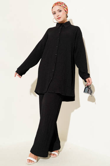 Gofre Desenli İkili Takım Siyah - İkili Takım