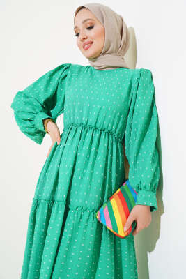 Gofre Kat Elbise Yeşil - Tesettür Elbise