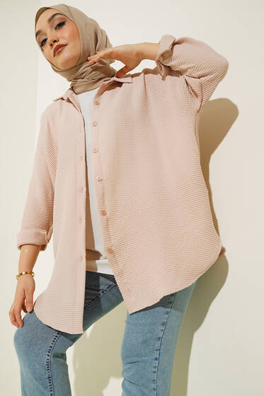 Gofre Kısa Gömlek Bej - Gömlek
