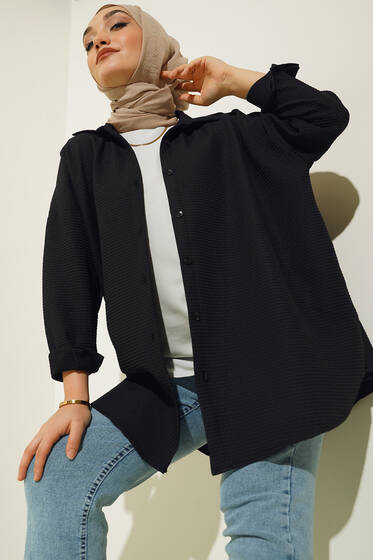 Gofre Kısa Gömlek Siyah - Gömlek