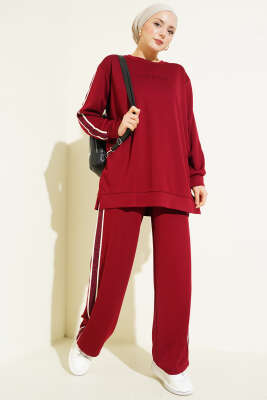 Gofre Loyşa Şeritli İkili Takım Bordo - DESTİNA