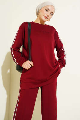 Gofre Loyşa Şeritli İkili Takım Bordo - İkili Takım