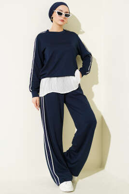 Gofre Loyşa Şeritli İkili Takım Lacivert 