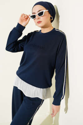 Gofre Loyşa Şeritli İkili Takım Lacivert - İkili Takım