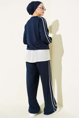 Gofre Loyşa Şeritli İkili Takım Lacivert - İkili Takım