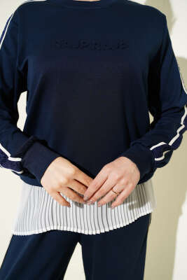 Gofre Loyşa Şeritli İkili Takım Lacivert - İkili Takım