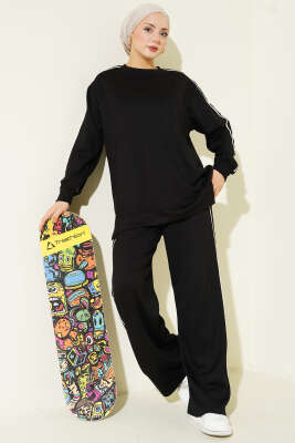 Gofre Loyşa Şeritli İkili Takım Siyah - DESTİNA