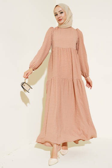 	 Gofre Salaş Elbise Camel - Elbise