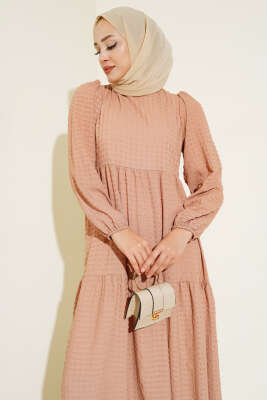 	 Gofre Salaş Elbise Camel - Tesettür Elbise