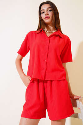 Gofre Şortlu Takım Kırmızı - Kadın Giyim Modelleri