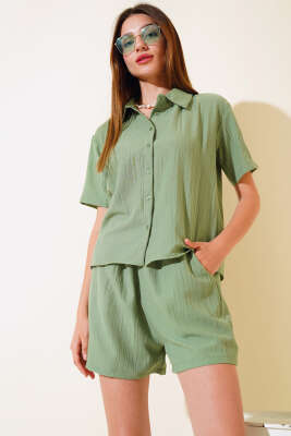 Gofre Şortlu Takım Yeşil - Kadın Giyim Modelleri