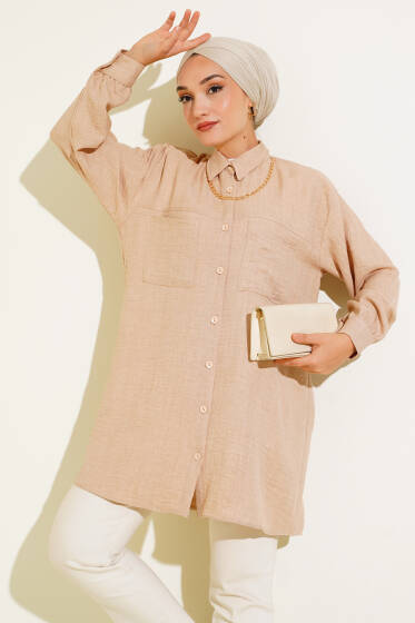 Göğsü Çift Cepli Salaş Gömlek Krem - Gömlek