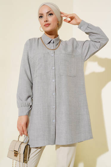 Göğsü Çift Cepli Salaş Gömlek Taş - Gömlek
