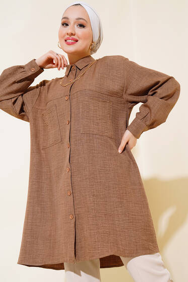 Göğsü Çift Cepli Salaş Gömlek Vizon - Gömlek