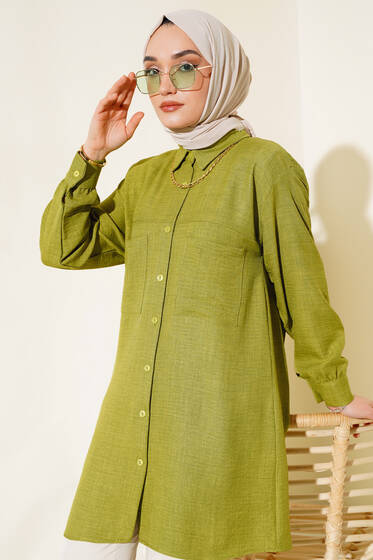 Göğsü Çift Cepli Salaş Gömlek Yağ Yeşili - Gömlek