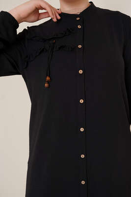 Göğsü Fırfırlı Büyük Beden Ayrobin Gömlek Siyah - Thumbnail