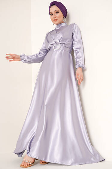Göğsü Katlı Kemerli Gri Saten Elbise - Tesettür Elbise