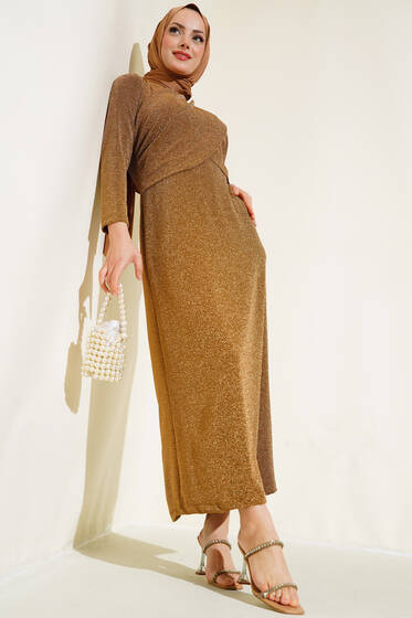 Göğsü Katlı Simli Elbise Camel - Tesettür Elbise