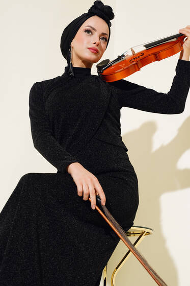 Göğsü Katlı Simli Elbise Siyah - Tesettür Elbise