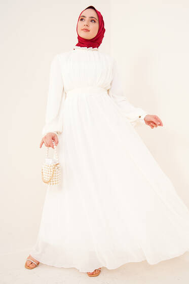 Göğsü Piliseli Şifon Elbise Ekru - Tesettür Elbise
