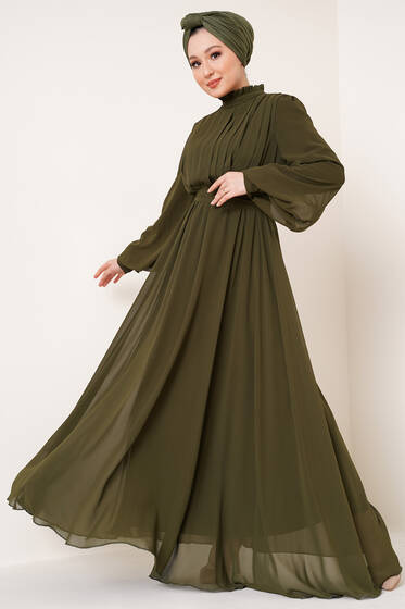 Göğsü Piliseli Şifon Elbise Haki - Tesettür Elbise
